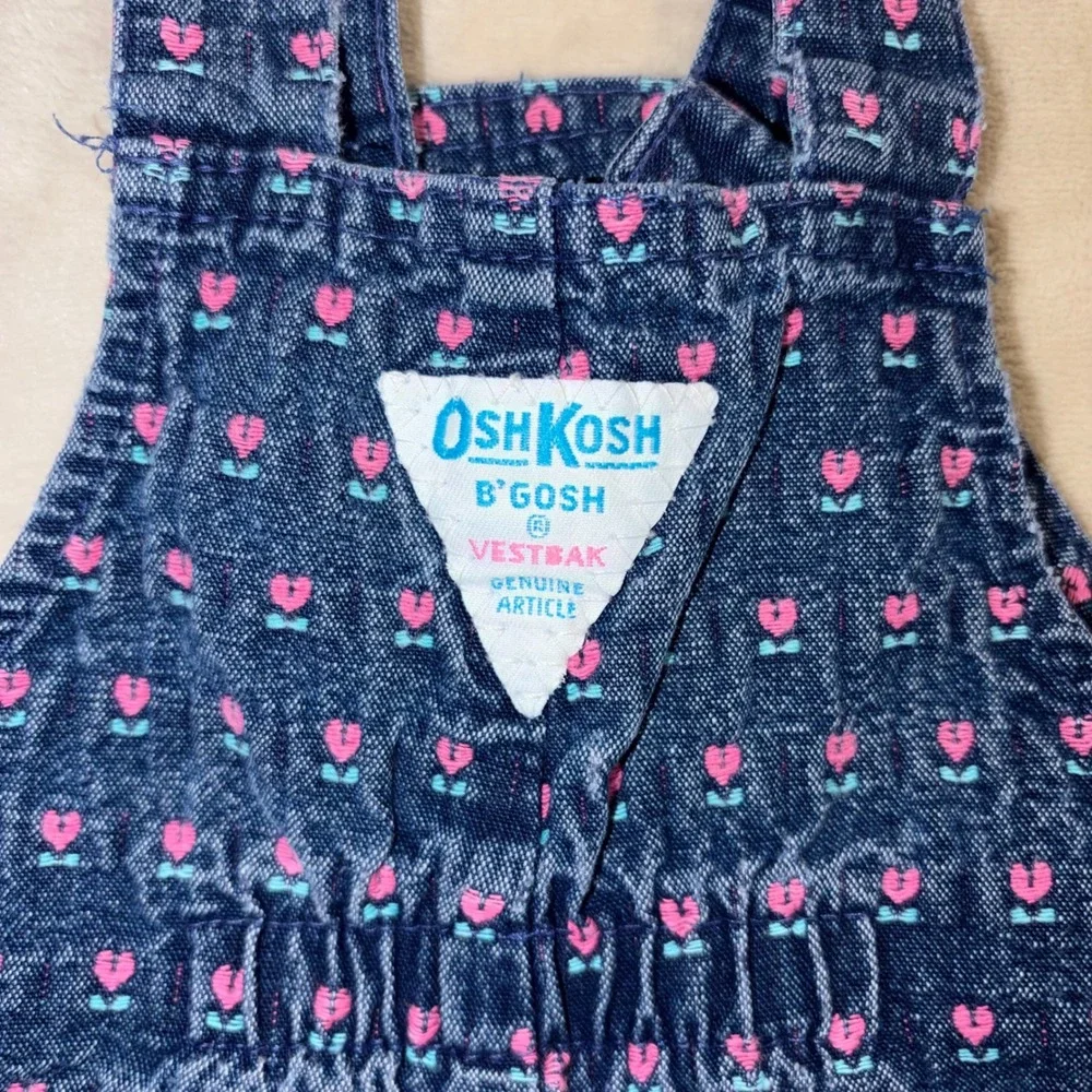 Vintage OshKosh Bgosh Vestbak Overalls 24M Blue Denim Pink Heart Floral USA Made